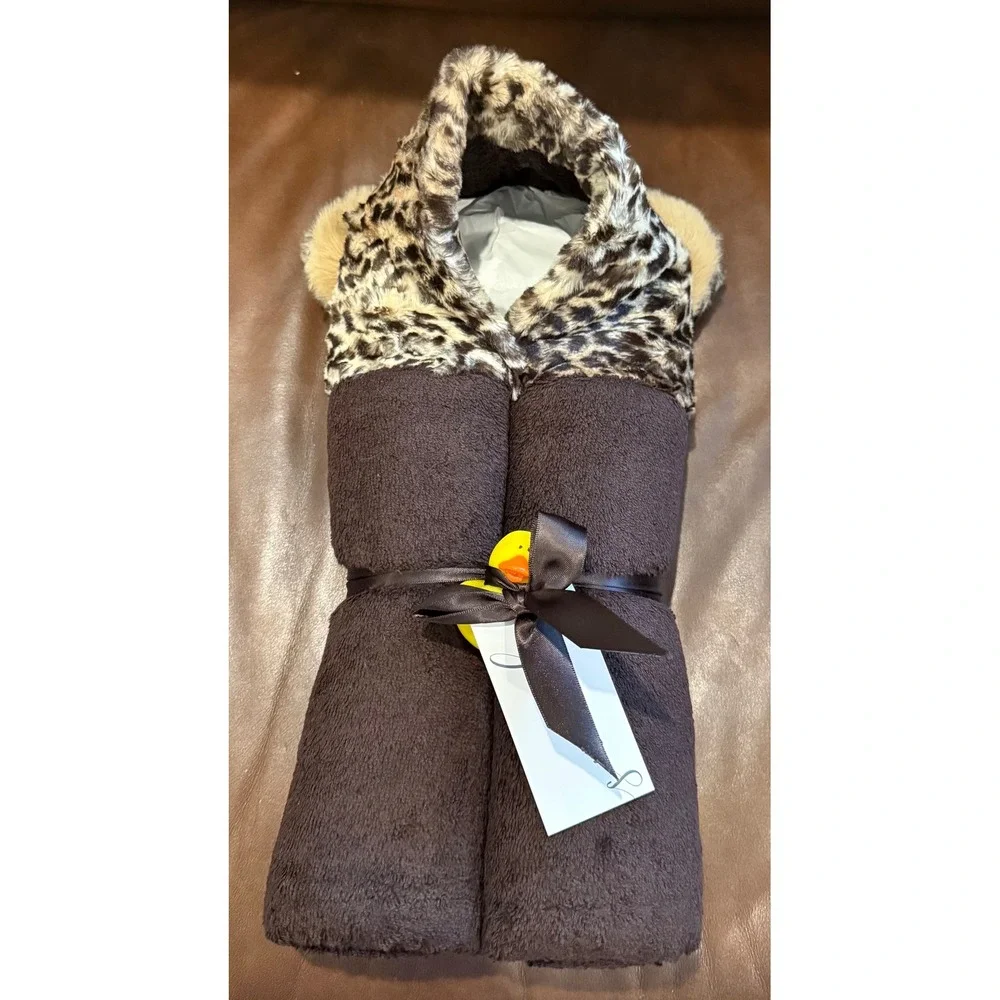 Swankie Blankie Minky Hooded Towel Brown Faux Fur Leopard Print Animal Ears NEW